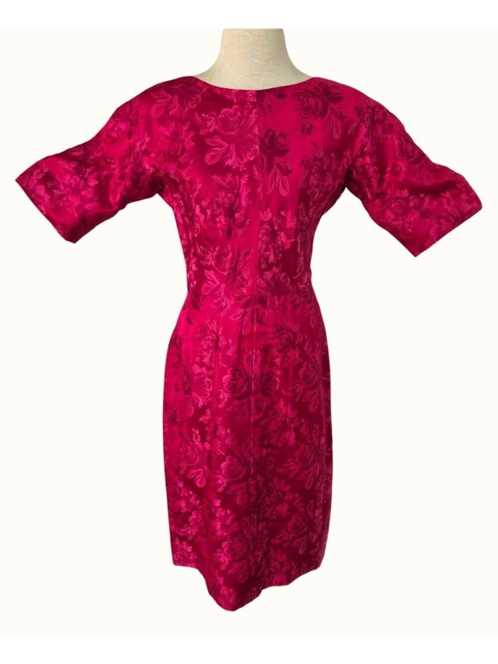 Vintage Handmade Fuchsia Satin Jacquard Wiggle Dress Sheath Sz S Floral 50s 60s